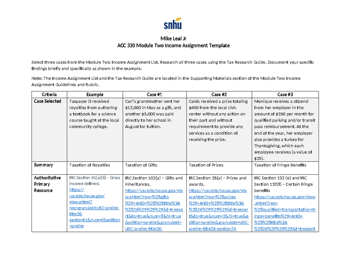 Acc 330 Module Two Income Assignment Research All Three Cases Using The Tax Research Guide 7368