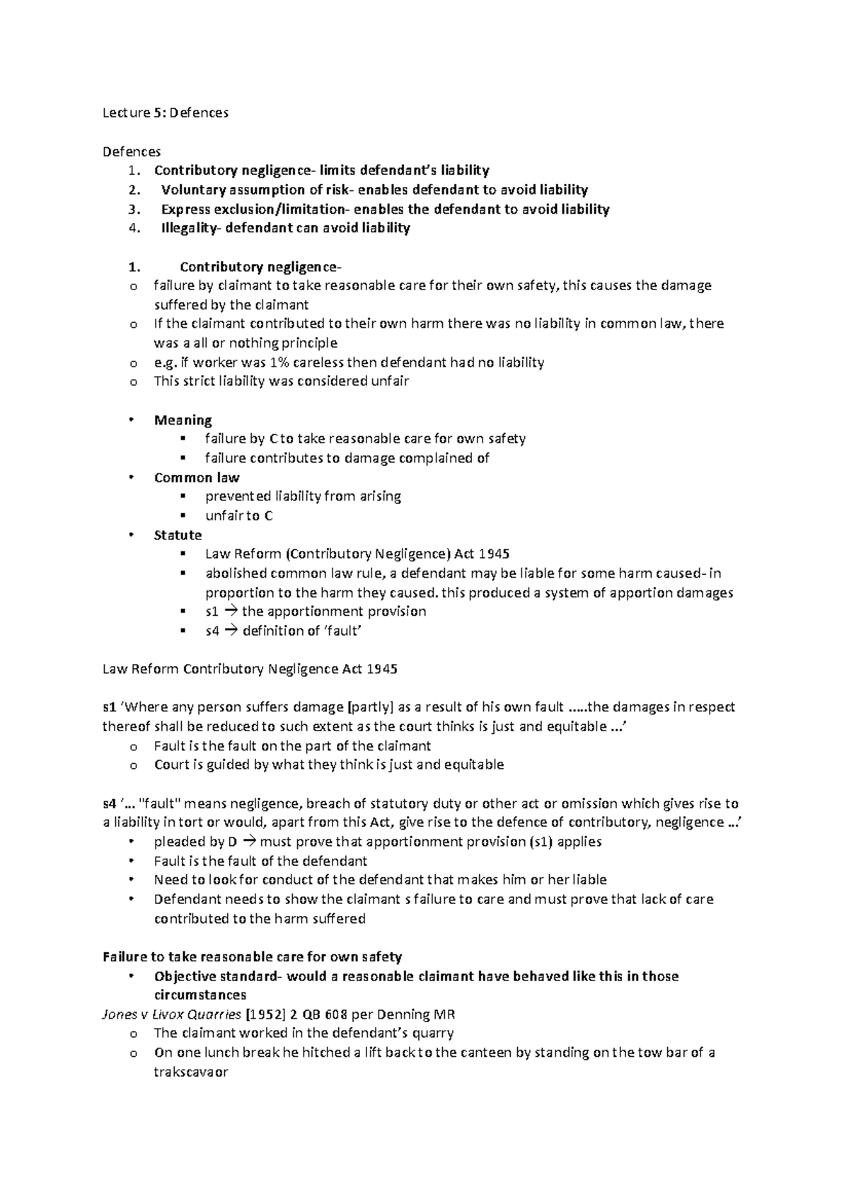 Lecture 5- Defences - Lecture 5: Defences Defences 1. Contributory ...