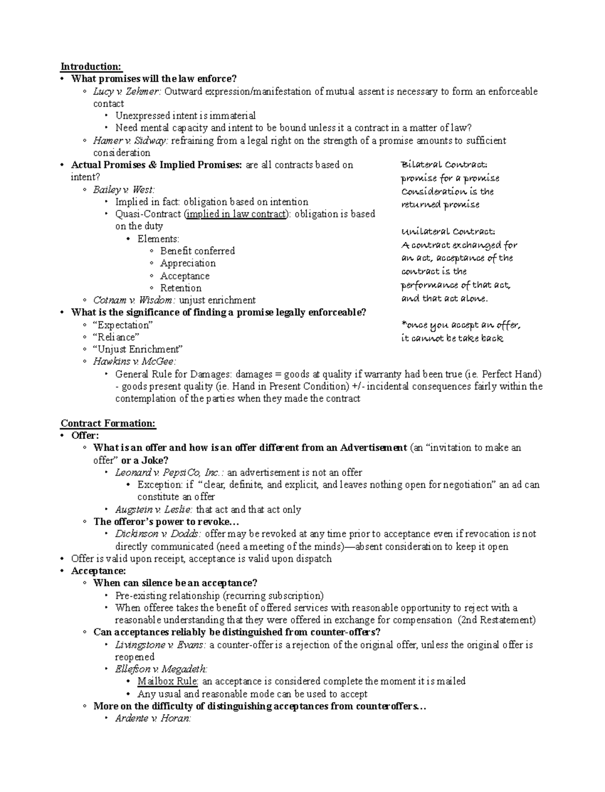 Contracts Outline - Introduction: What Promises Will The Law Enforce ...