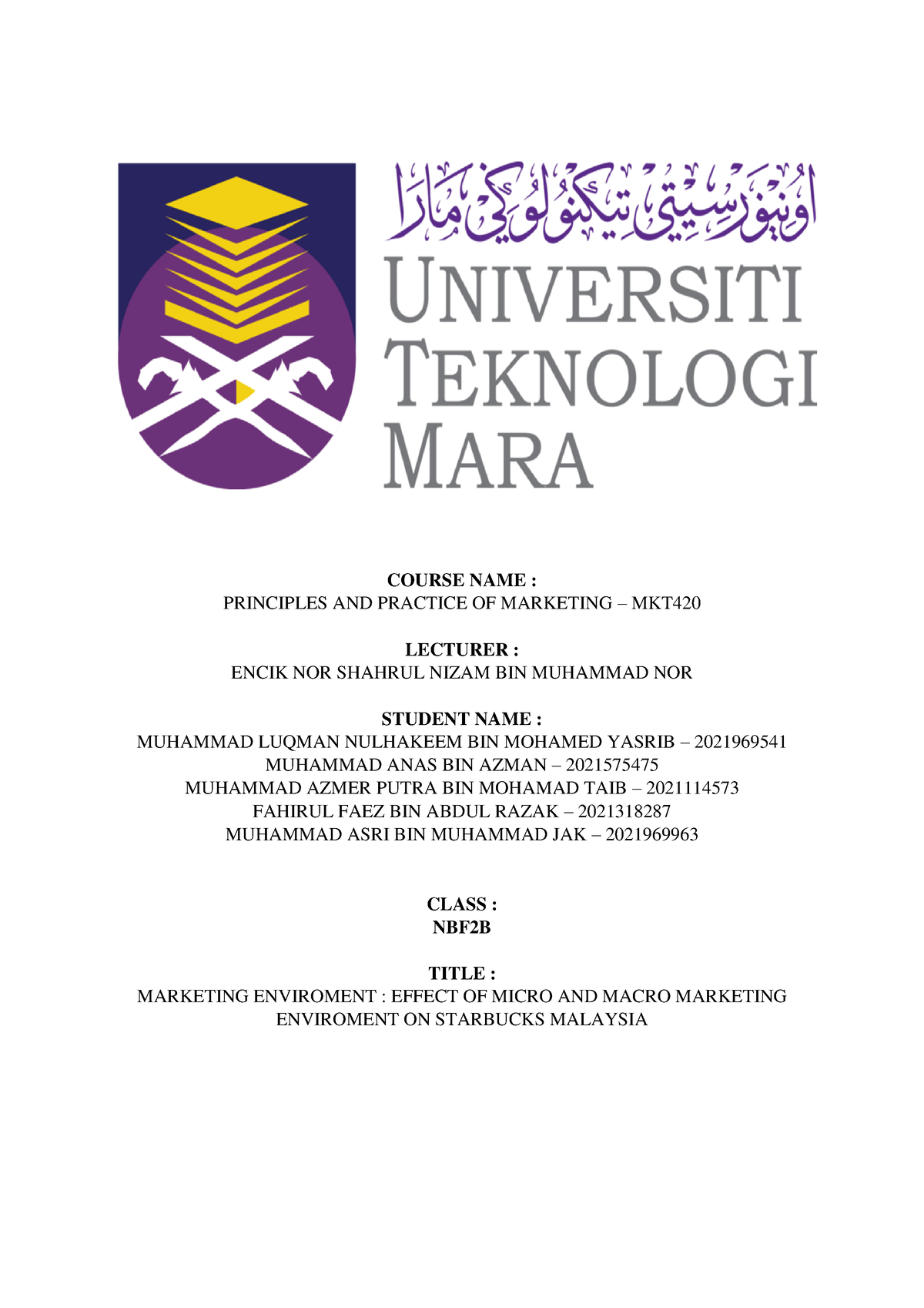 contoh assignment mkt 420 uitm