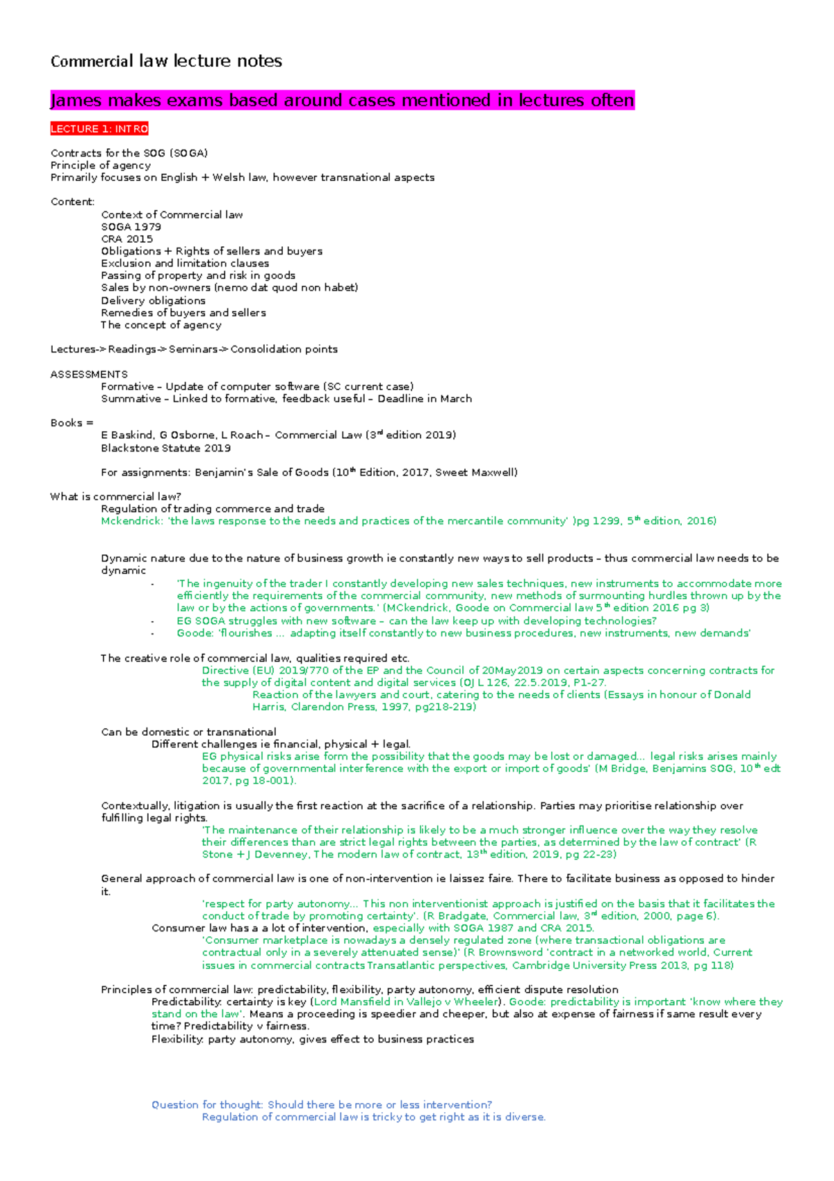 Commercial Law Lecture Notes - ’ (MCkendrick, Goode On Commercial Law ...