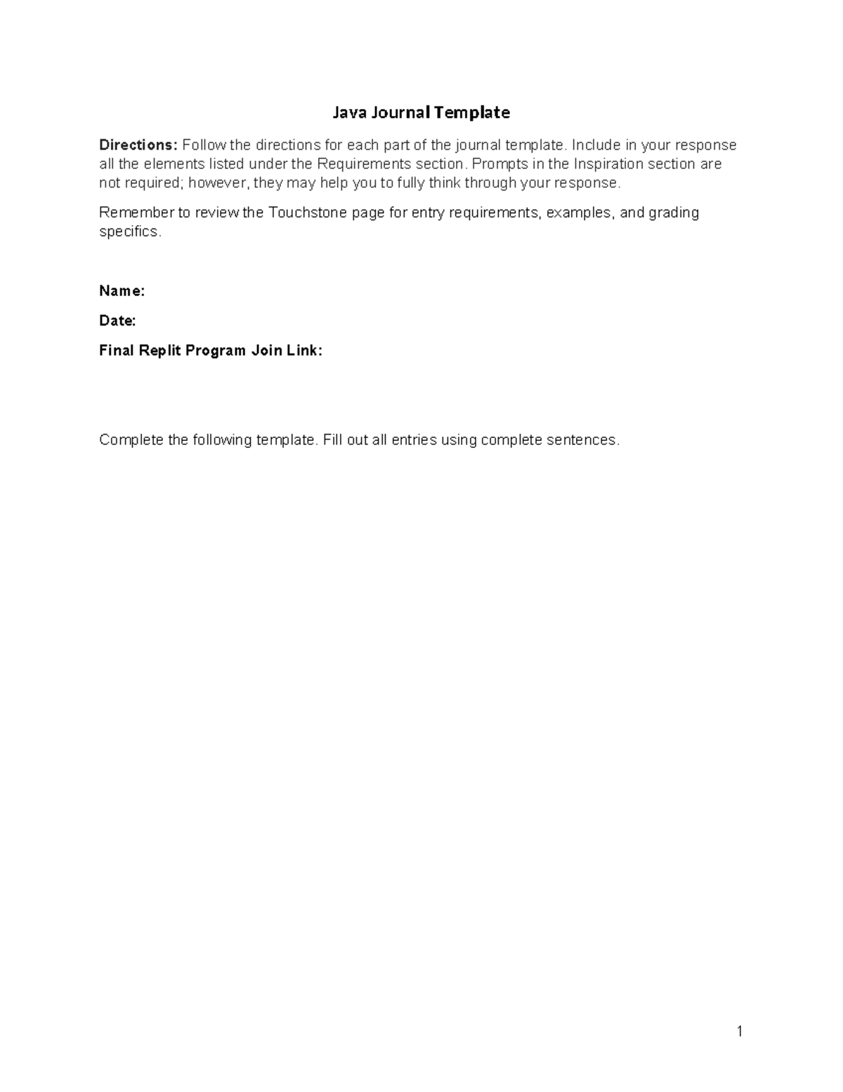 Touchstone JAVA Journal - Java Journal Template Directions: Follow the ...