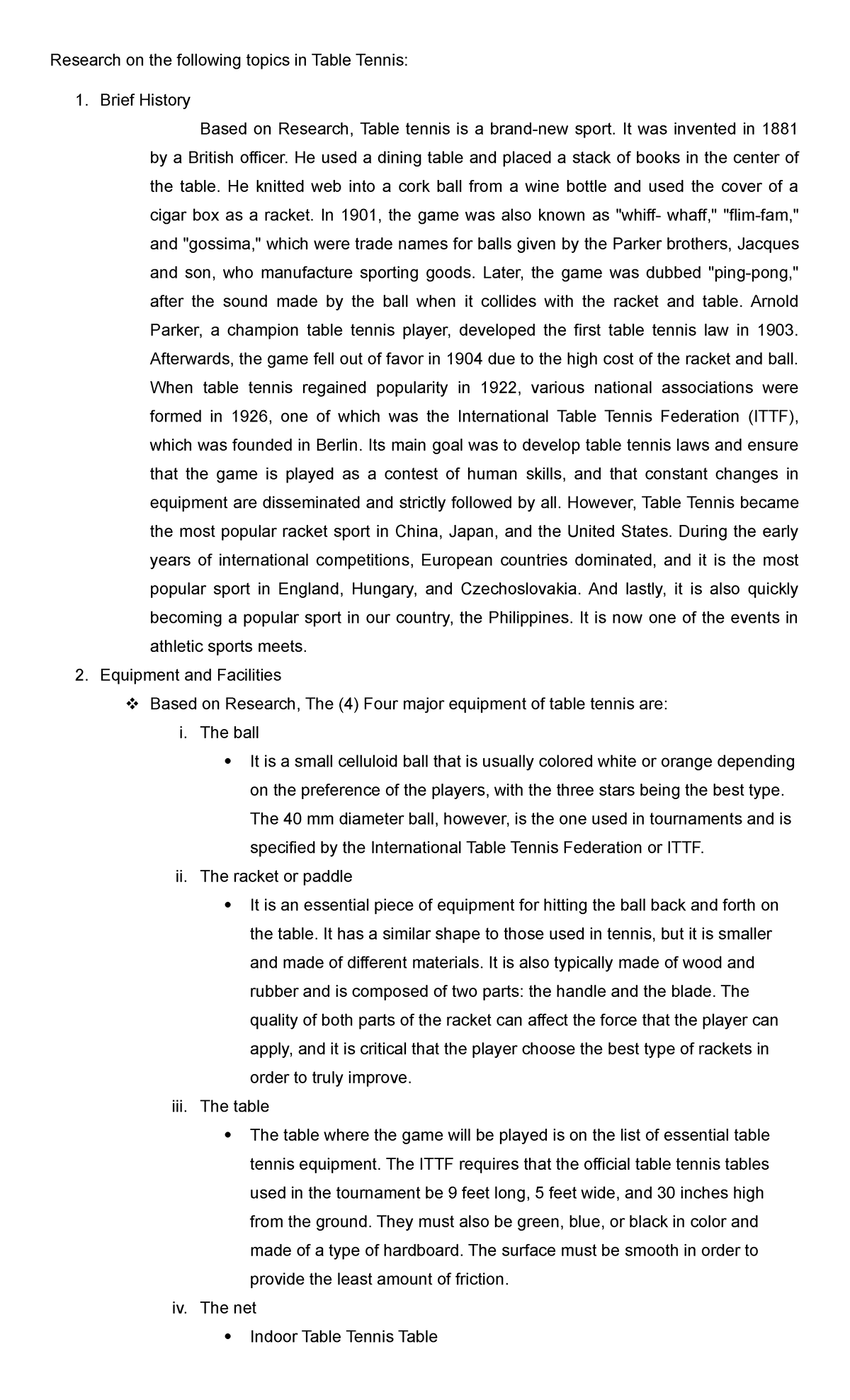 Worksheet 1 Table Tennis Research On The Following Topics In Table 