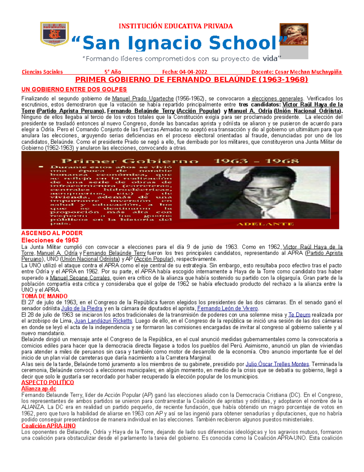 S.I.S. 5TO AÑO Gobierno DE Fernando Belaunde Terry. 2022 INSTITUCIÓN