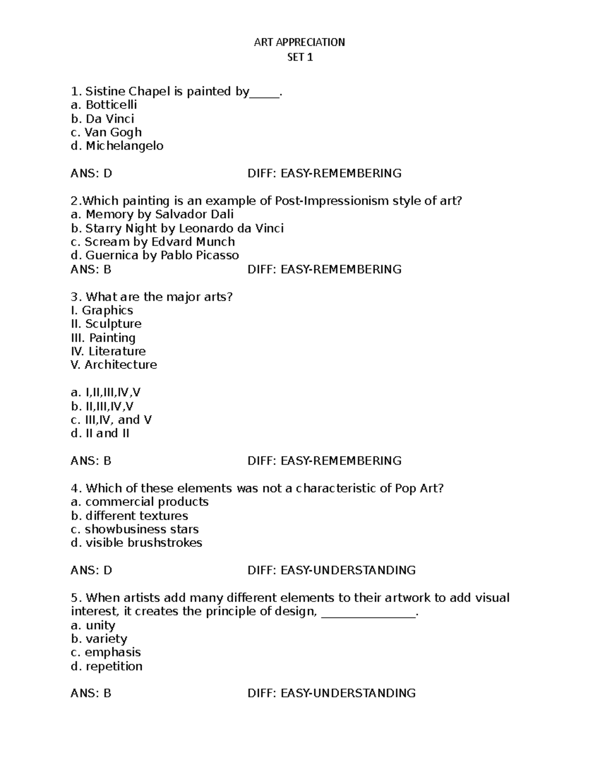 ART Appreciation SET 1 EXAM ART APPRECIATION SET 1 Sistine Chapel