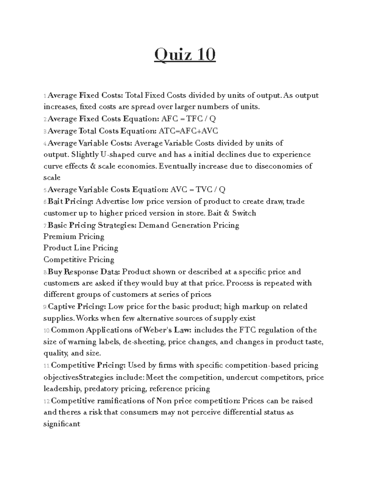 UNT Marketing 3650 Quiz 10 Review Quiz 10 1 Fixed Costs Total