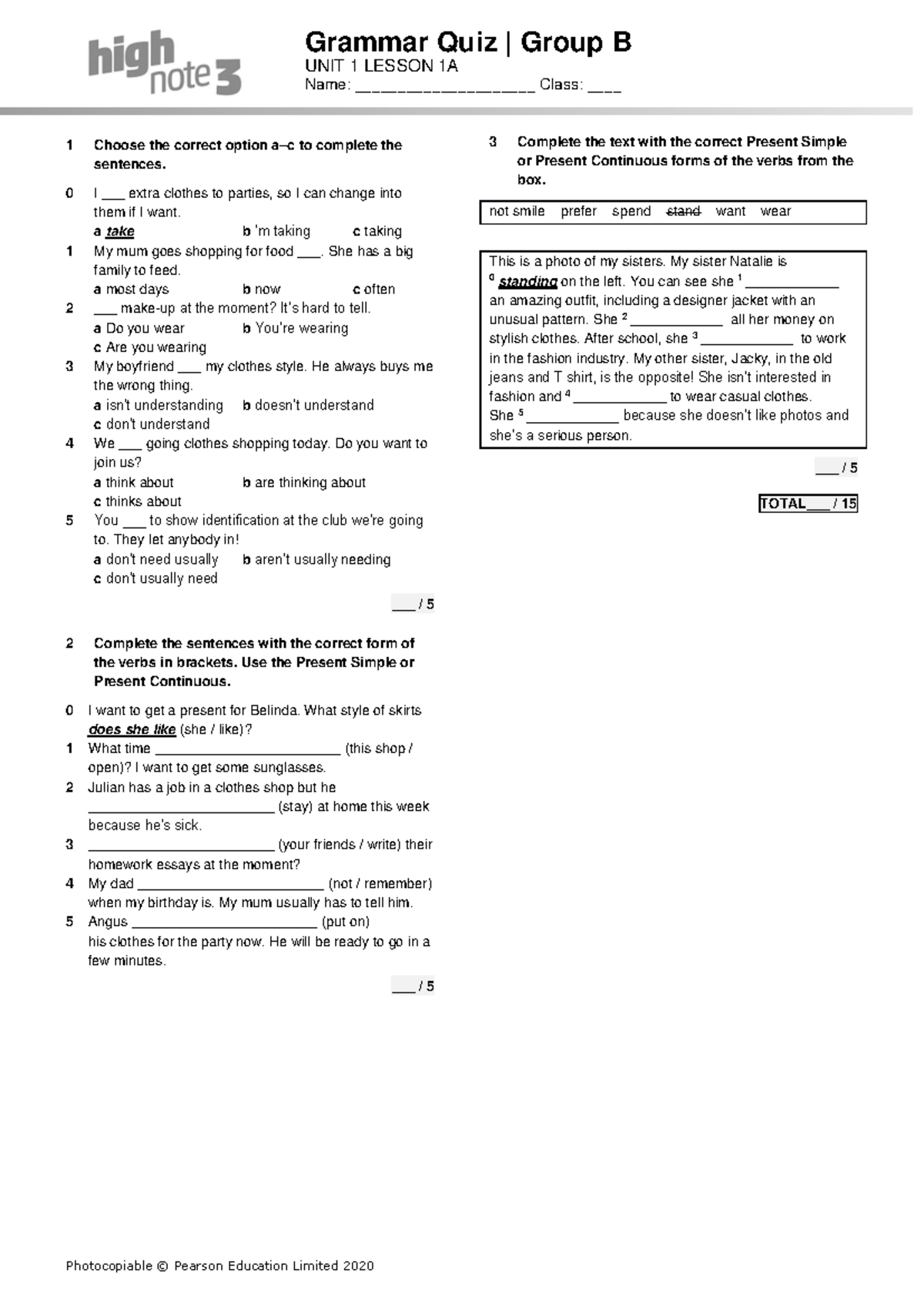 High Note 3 Grammar Quiz Unit01A Group B - Grammar Quiz | Group B UNIT ...