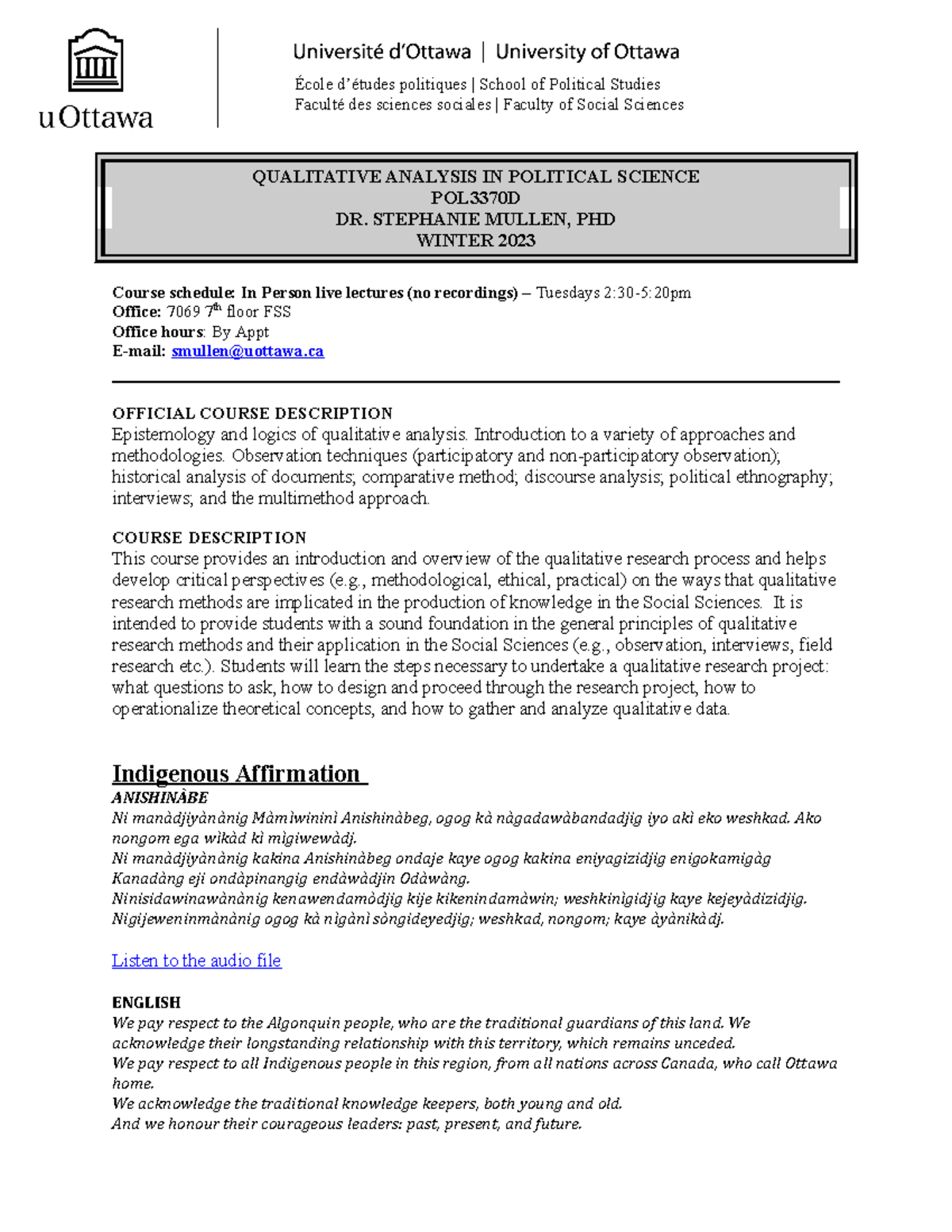 POL3370 D - Winter 2023 - Course Outline - QUALITATIVE ANALYSIS IN ...