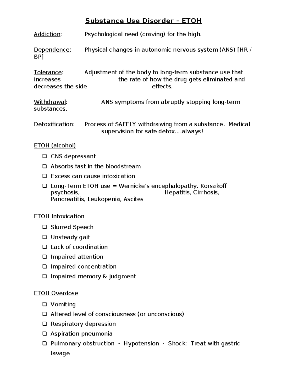 Psych Clinical - ETOH Handout-1 - Substance Use Disorder – ETOH ...