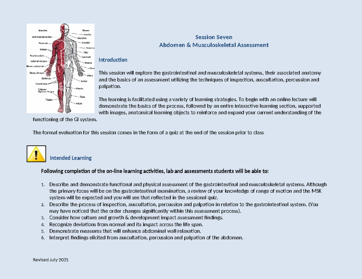 Overview Session 7 - description of week 7 - Session Seven Abdomen ...