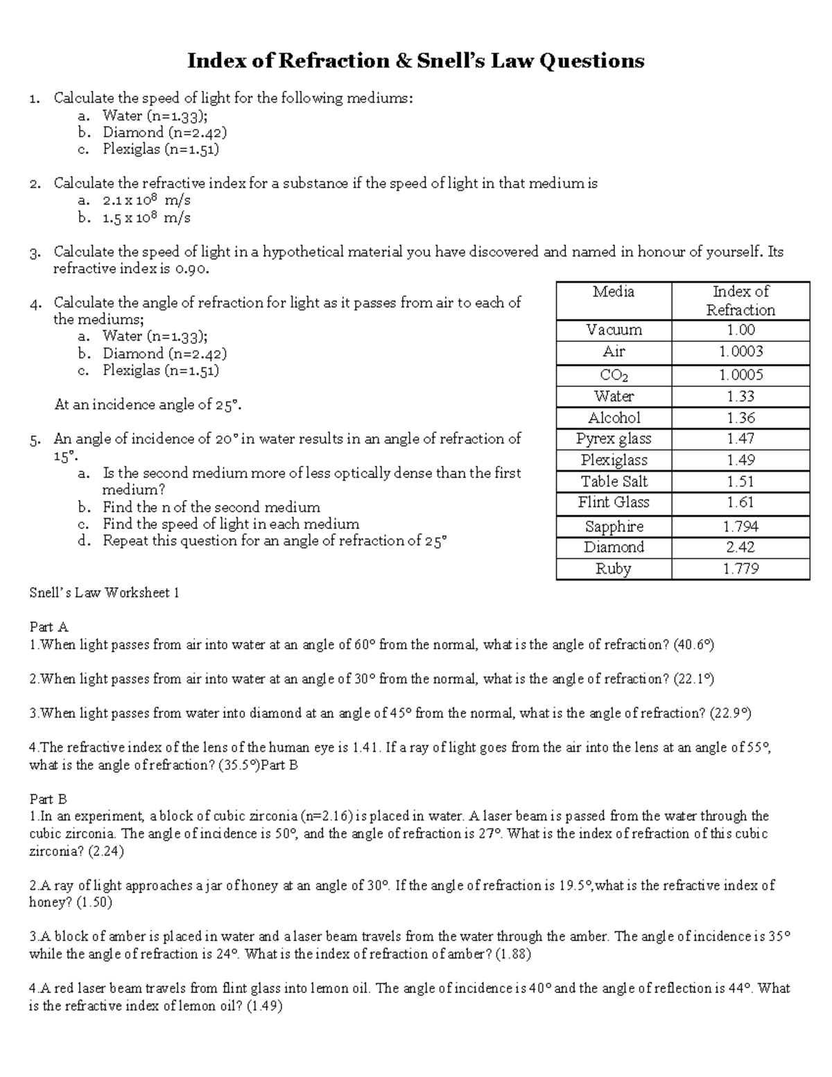 P05h Snell's Law Ws2 - Practice Problem Worksheet Snell's Law - Index 