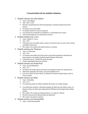 Resumen - Modelos atomicos - Características de los modelos atómicos. 1. Modelo  atómico de John - Studocu