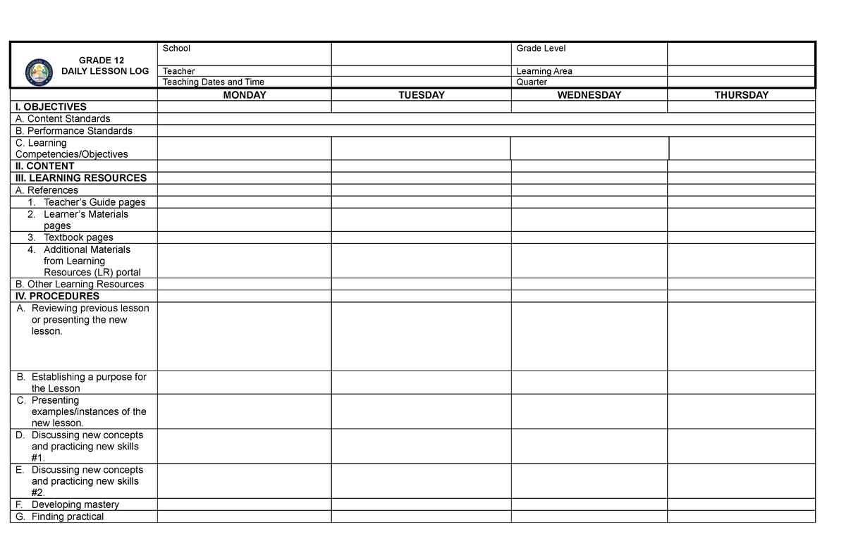 DDL Blank - Daily Lesson Log - GRADE 12 School Grade Level DAILY LESSON ...