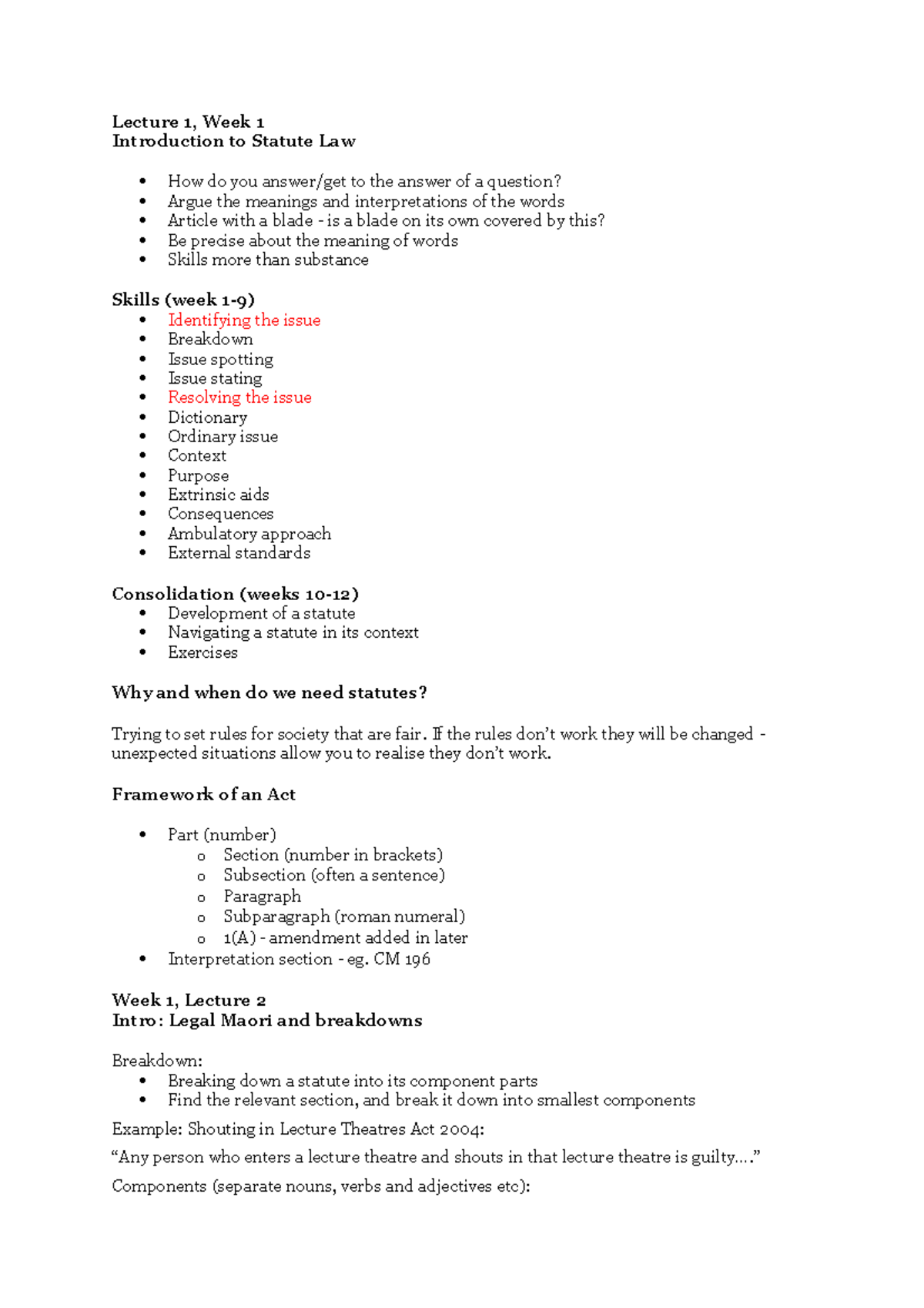 123 Lecture Notes Lecture 1, Week 1 Introduction to Statute Law How