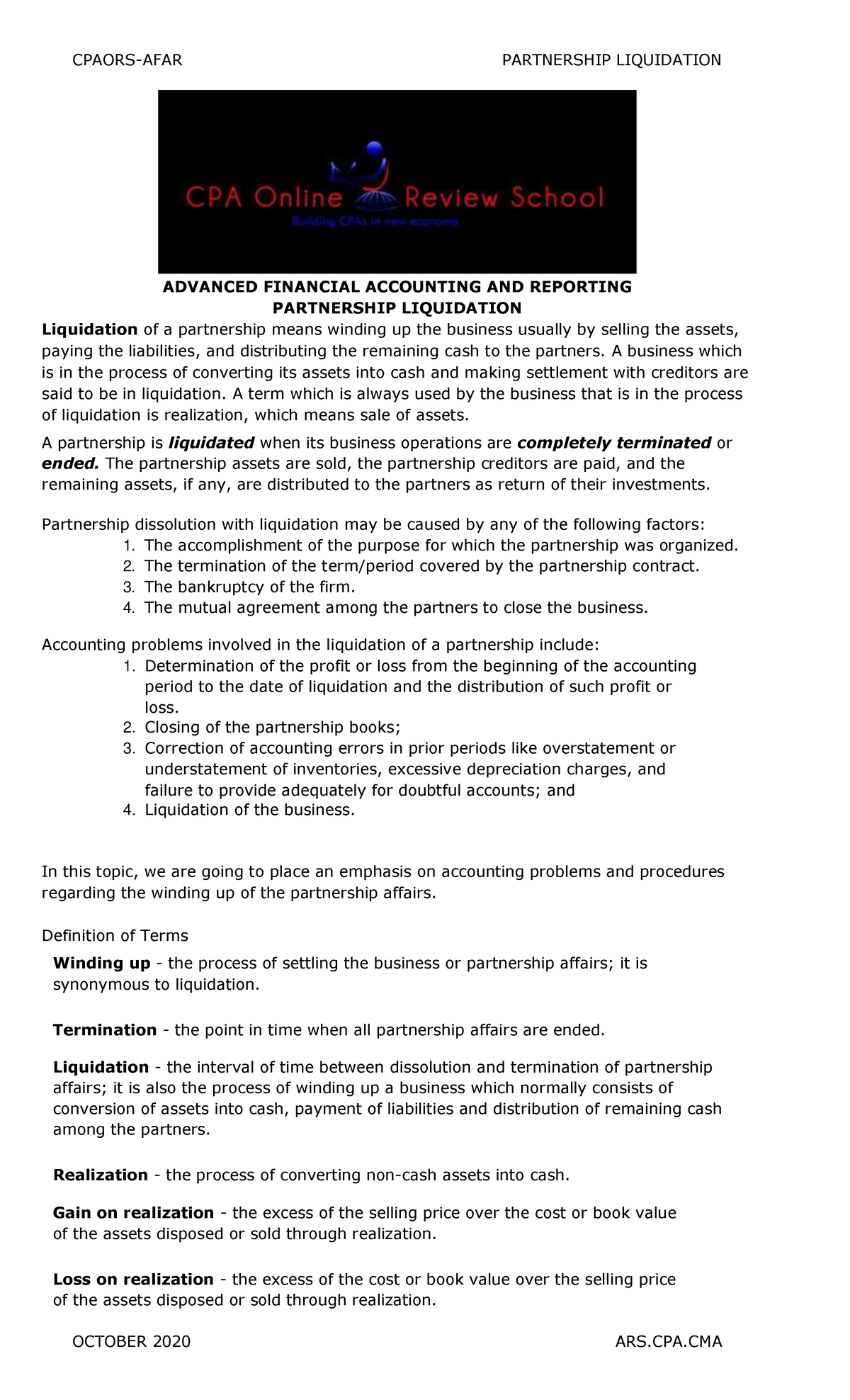 1 Lecture Notes Liquidation - ADVANCED FINANCIAL ACCOUNTING AND ...