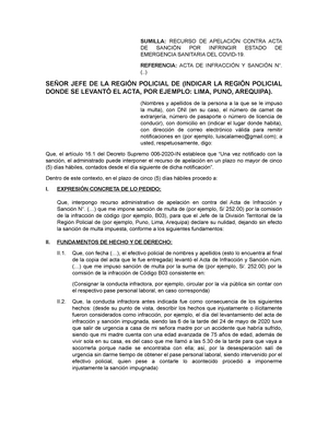 Modelo de apelación contra una multa interpuesta por contravenir la  emergencia sanitaria del - Studocu