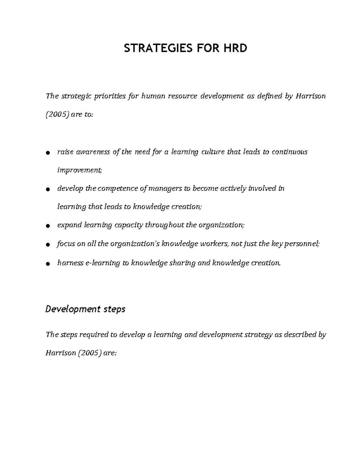 Strategies FOR HRD - STRATEGIES FOR HRD The strategic priorities for ...
