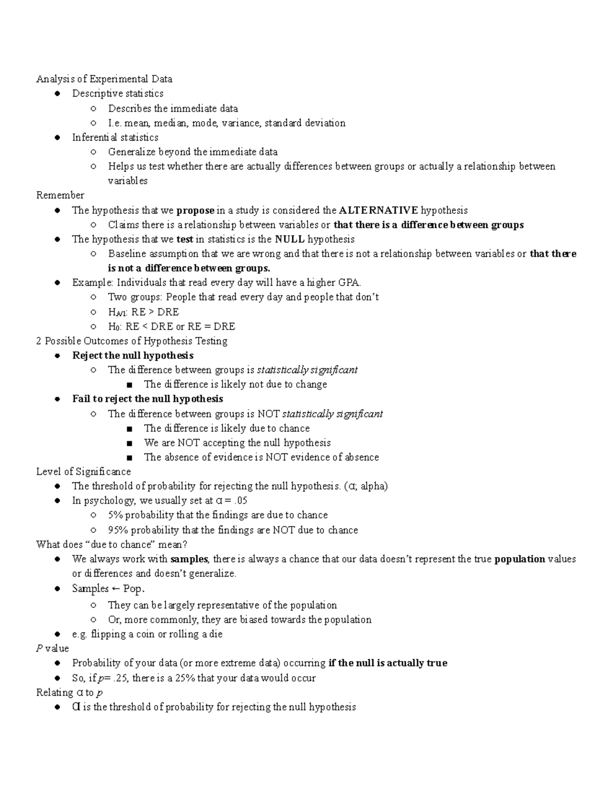 Hypothesis Testing Analysis of Experimental Data Descriptive statistics Describes the Studocu