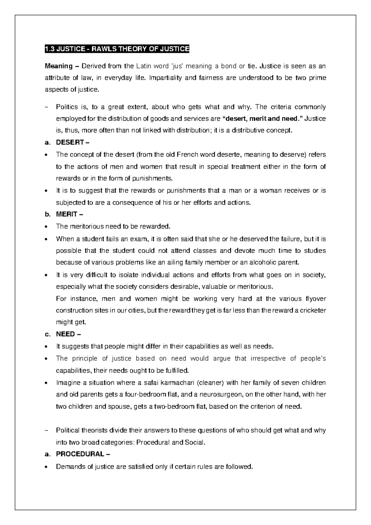 Justice Notes 1 JUSTICE RAWLS THEORY OF JUSTICE Meaning Derived