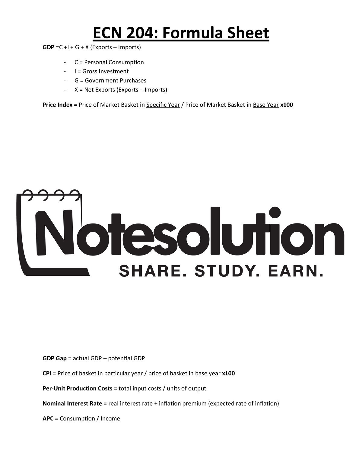 Ecn 204 Formula Sheet Cecn 204 Studocu