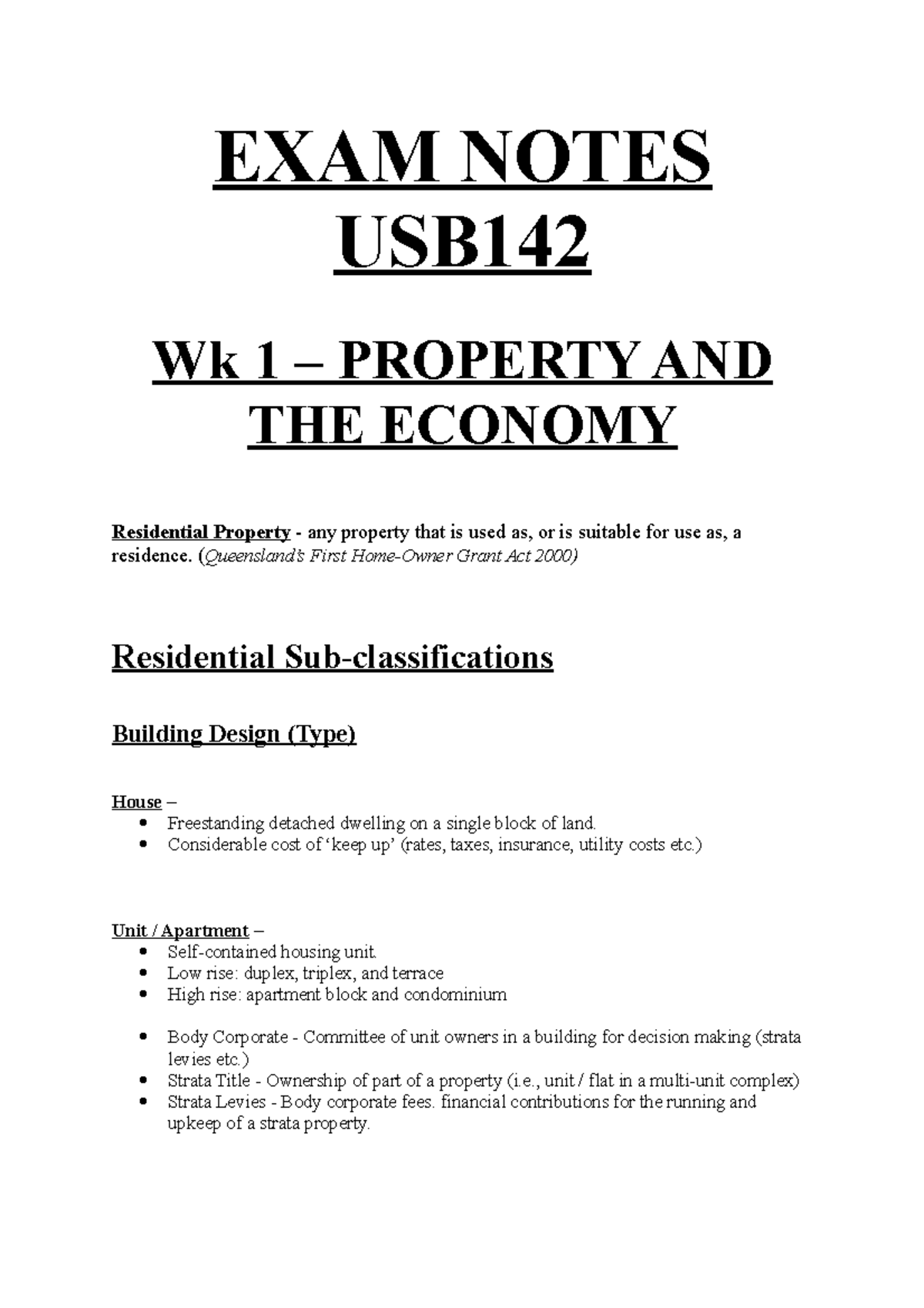 EXAM Notes ITEM 1 NEW - EXAM NOTES USB Wk 1 – PROPERTY AND THE ECONOMY ...