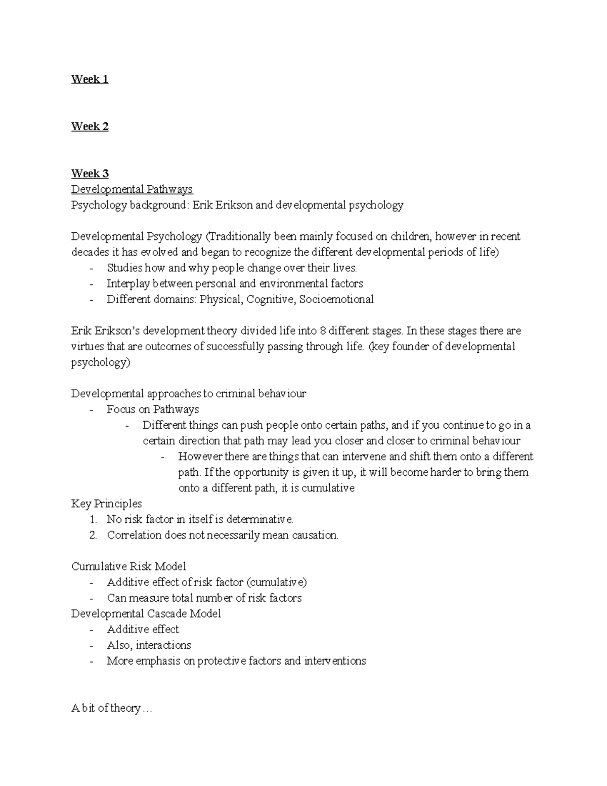 CRIM 103 Notes Developmental Pathways - Week 1 Week 2 Week 3 ...