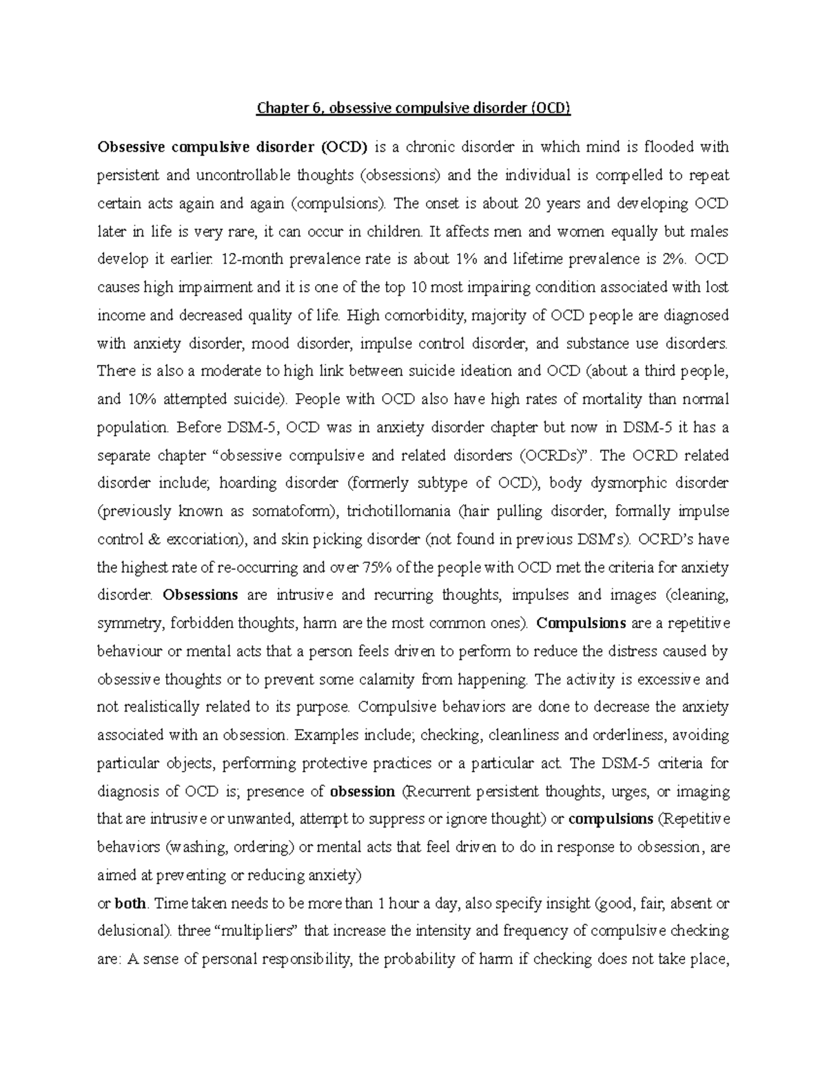 Chapter 6 - Chapter 6, obsessive compulsive disorder (OCD) Obsessive ...