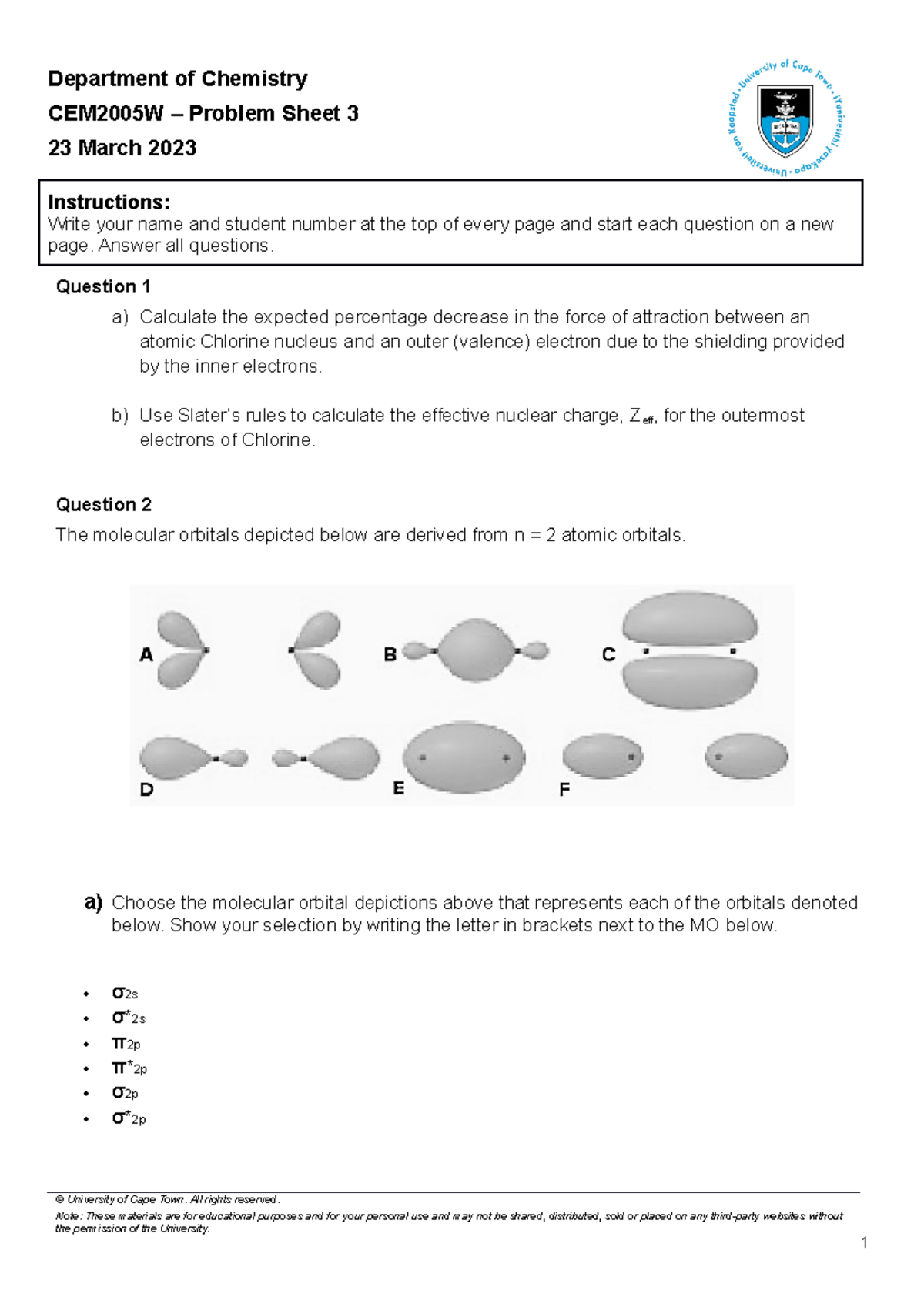 CEM2005 W+2023+-+Problem+Sheet+3 MOT - Department of Chemistry CEM2005W ...