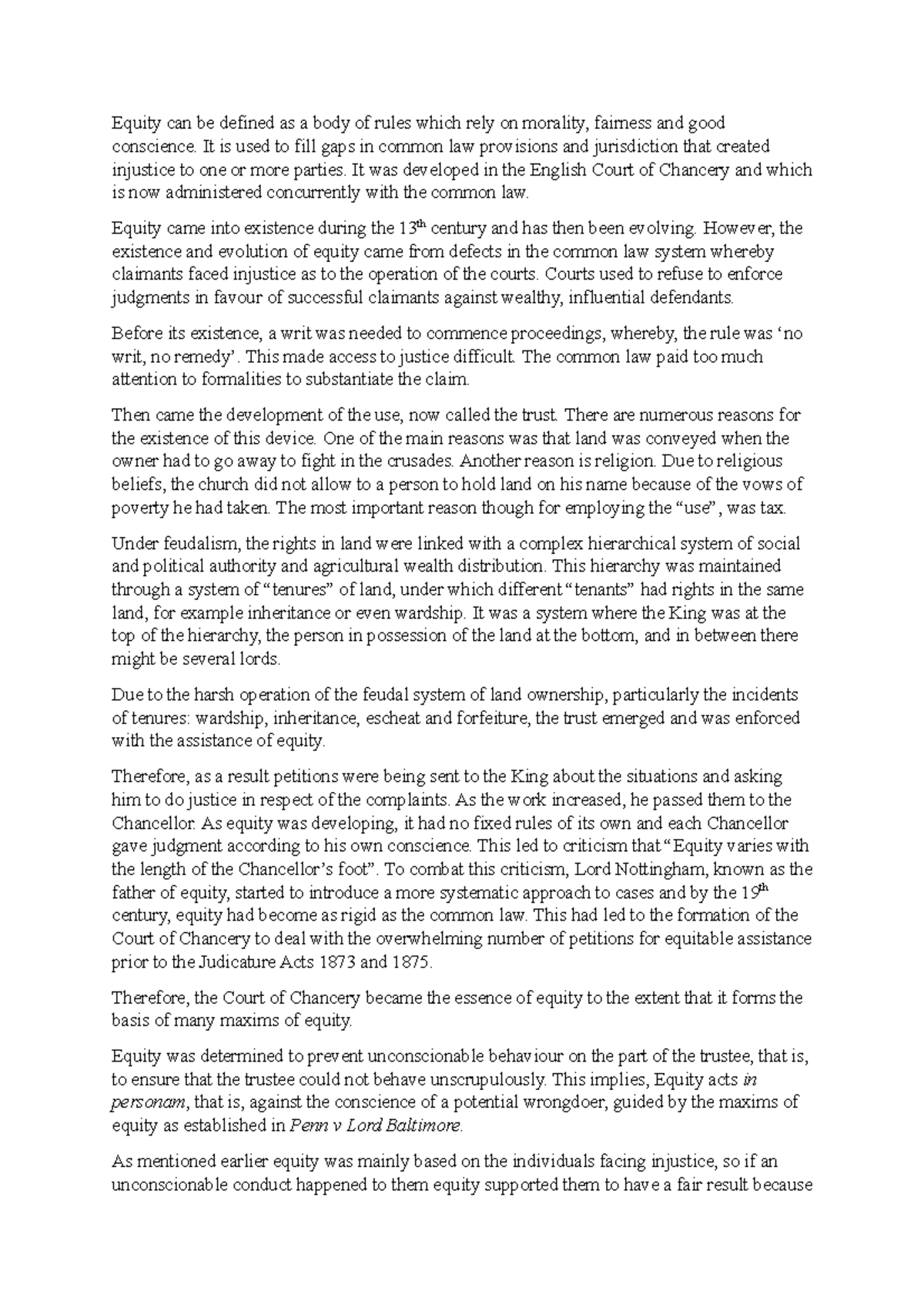 History of equity - LLB Notes - Equity can be defined as a body of ...