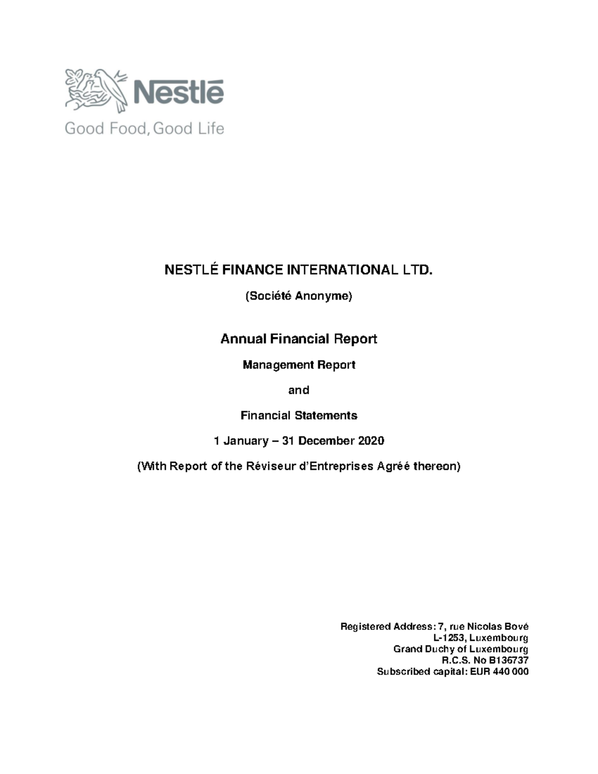 Nestle finance international ltd financial statements 2020 (Société