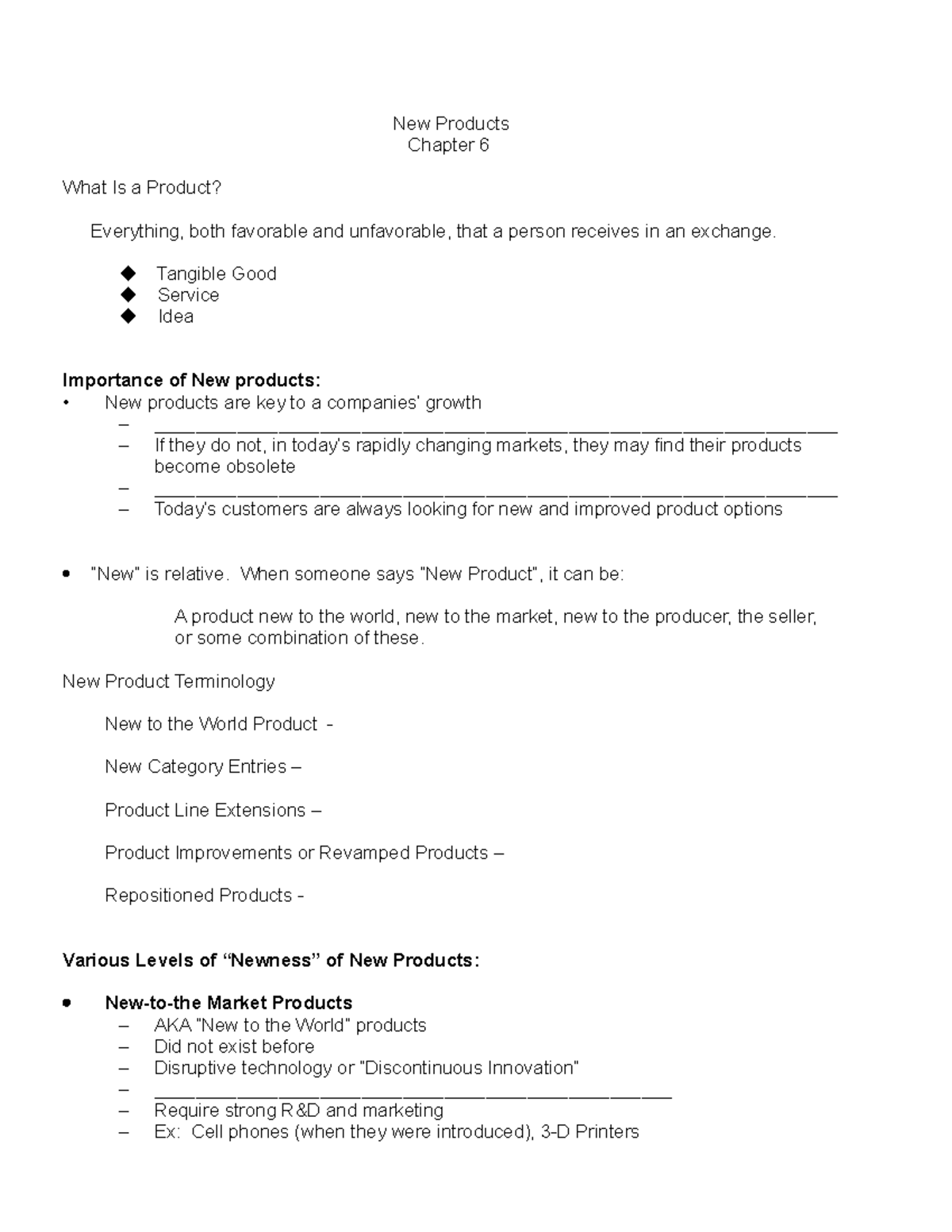 Chapter 6 New Products Notes Outline Student Version - New Products ...