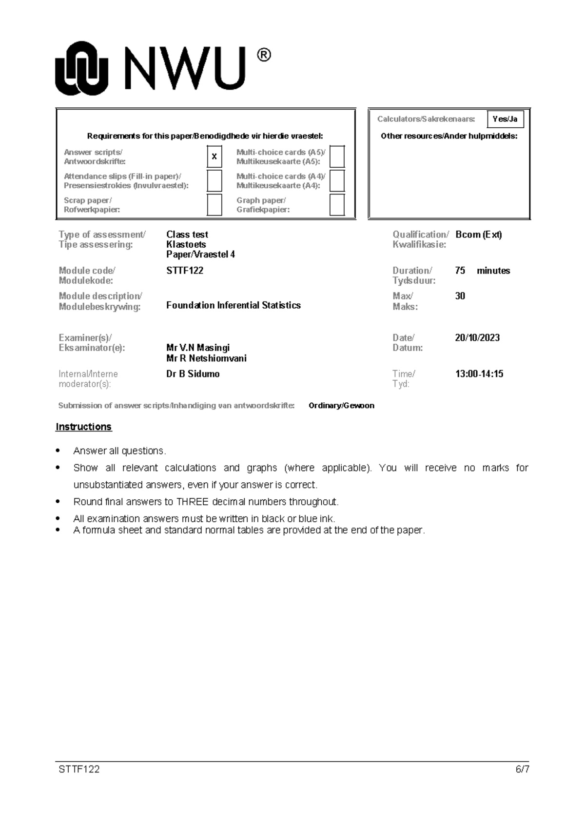 STTF122 Class TEST 3 - Test 3 - Calculators/Sakrekenaars: Yes/Ja ...