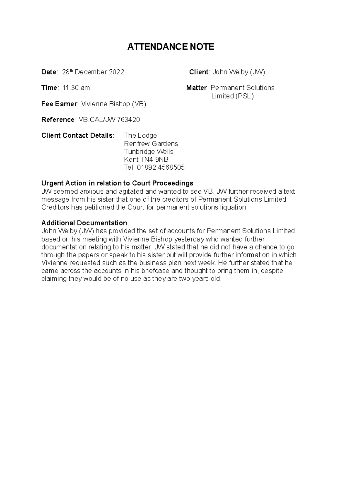 Attendance Note - JW - Road accident. - ATTENDANCE NOTE Date: 28th ...