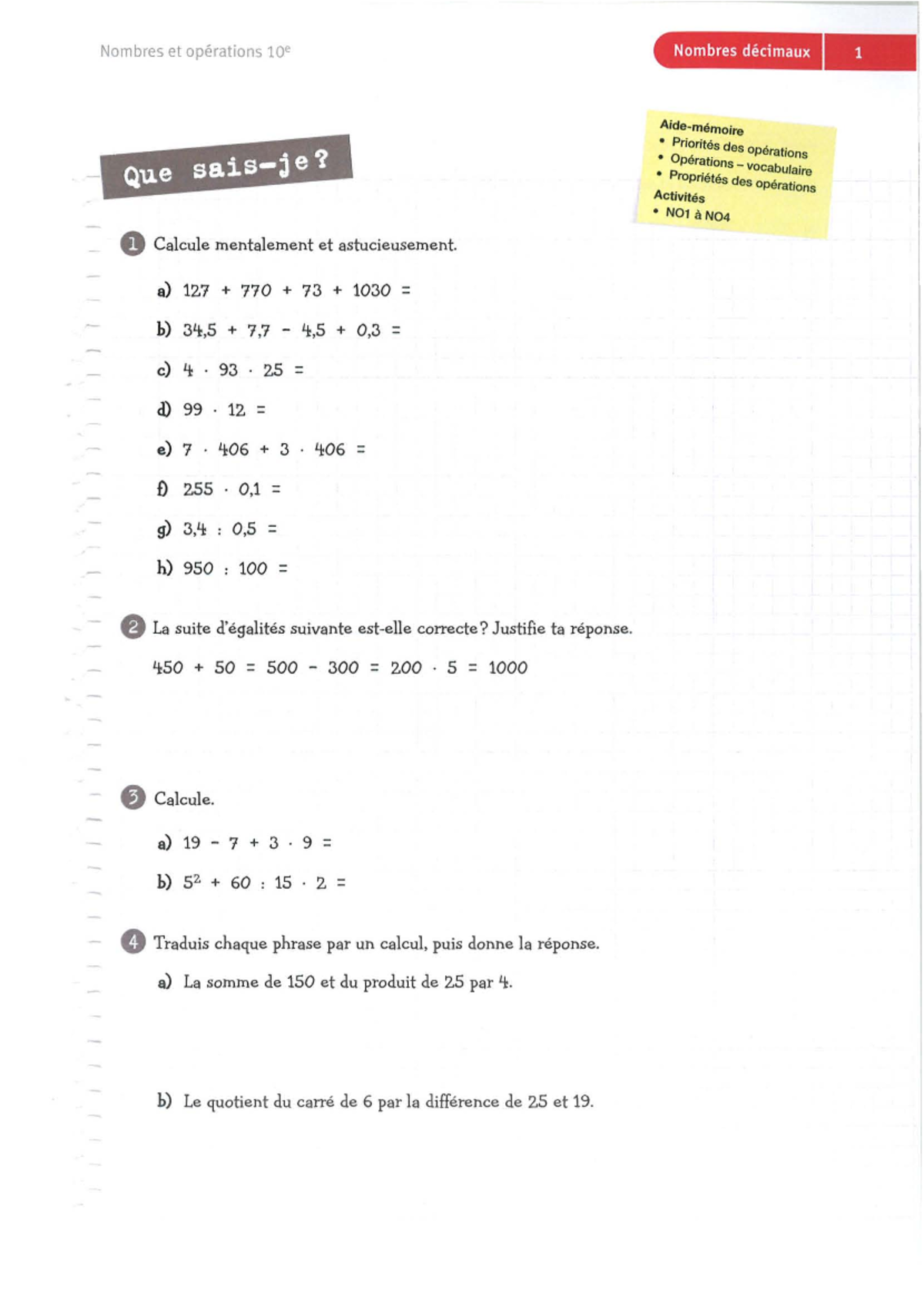 10H Fichier - Exos premiere annee - Nombres et opérations 10· Que sais ...