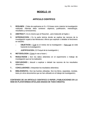 Modelos O Plantillas DE Investigacion - MODELO 01 ARTICULO CIENTIFICO 1.  RESUMEN ( Debe de - Studocu