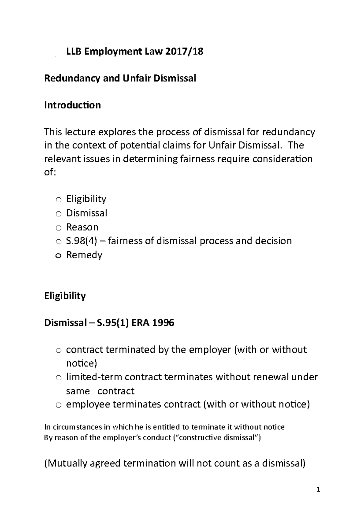 Redundancy and unfair dismissal handout LLB Employment Law 2017