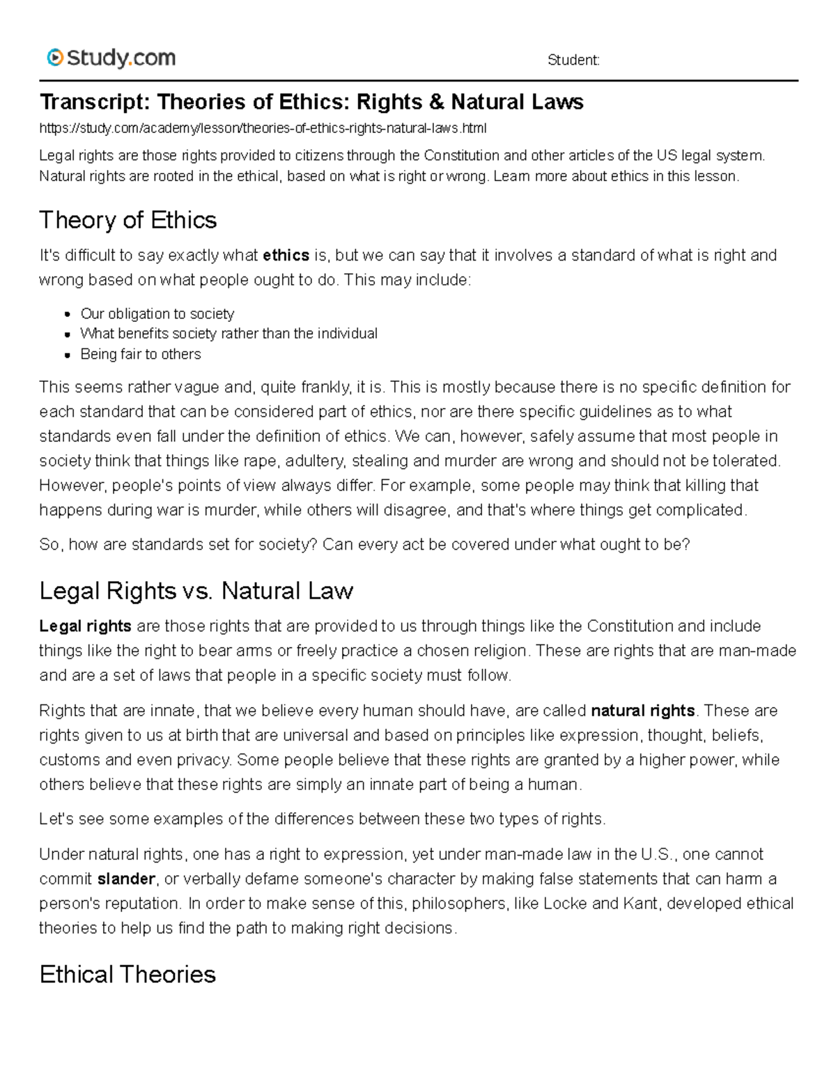 Theories of Ethics - html Legal rights are those rights provided to ...