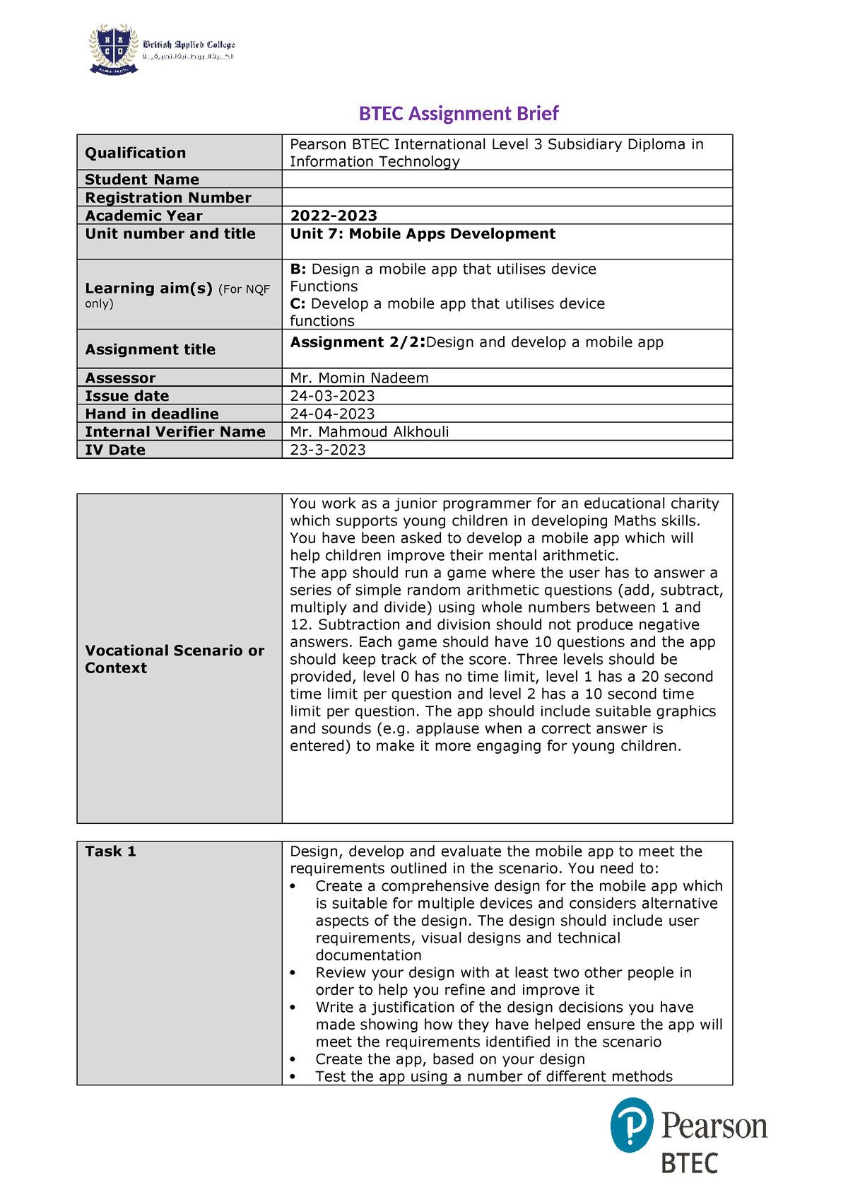 Unit 7 Mobile Apps Development Learning Aim B C - BTEC Assignment Brief ...