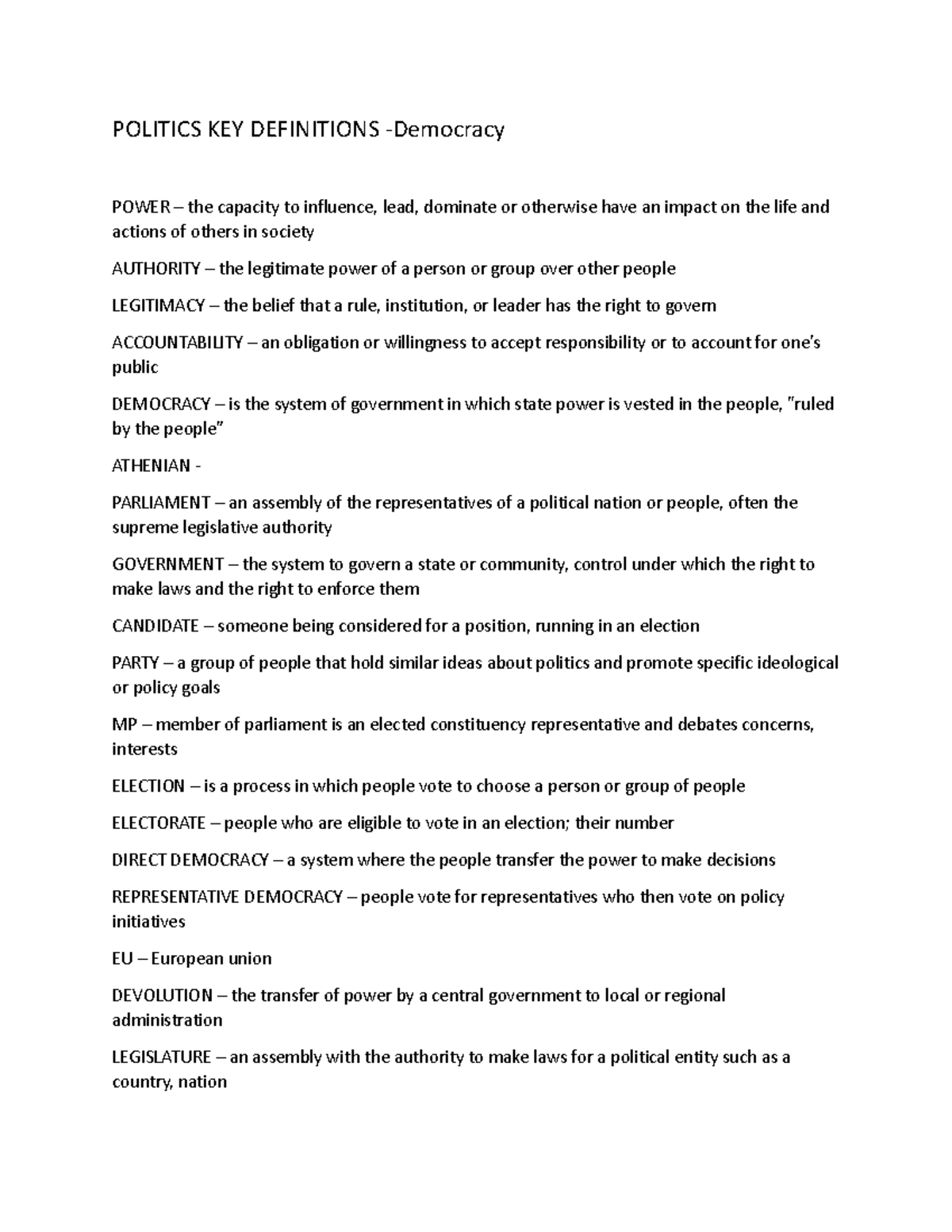 Politics KEY Definitions- Topic 1 Democracy - POLITICS KEY DEFINITIONS ...