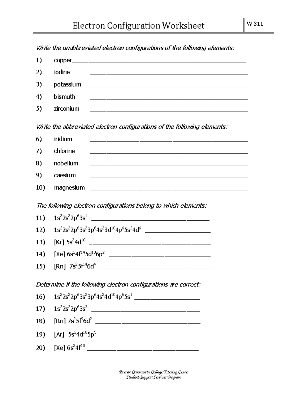 Electron Configurations Worksheet (W311) - Electron Configuration ...