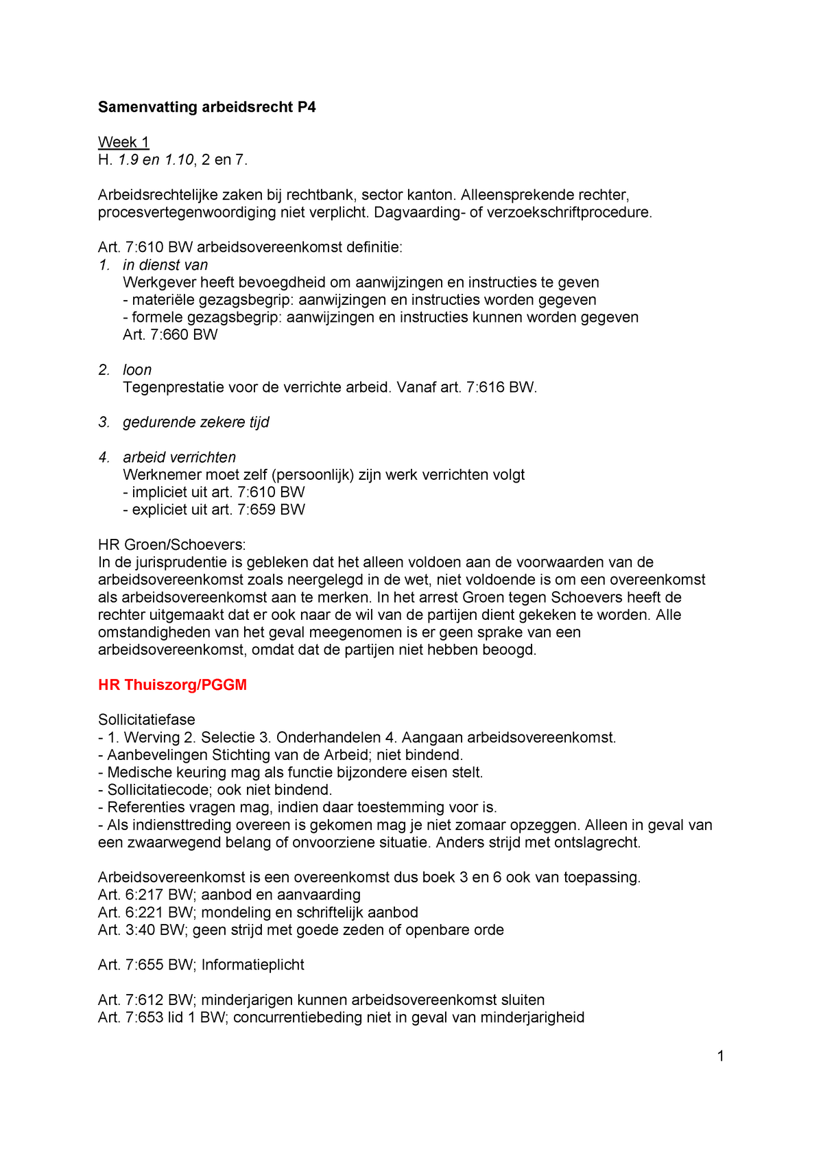 Samenvatting Arbeidsrecht: Week 1-7 - Samenvatting Arbeidsrecht P Week ...