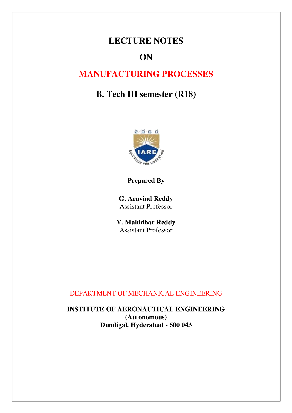 IARE MP Lecture Notes - LECTURE NOTES ON MANUFACTURING PROCESSES B ...