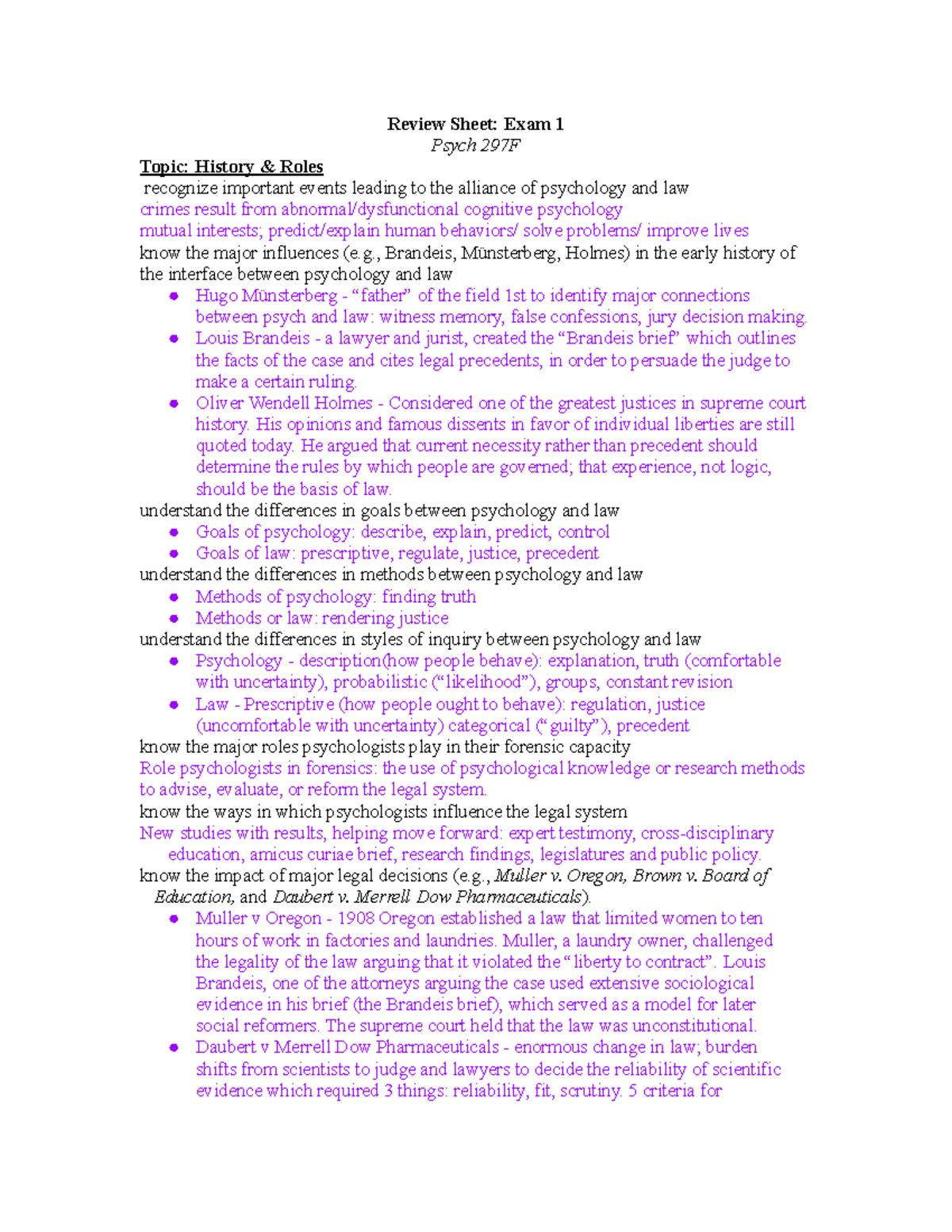 Exam 1 Review Sheet - Review Sheet: Exam 1 Psych 297F Topic: History ...