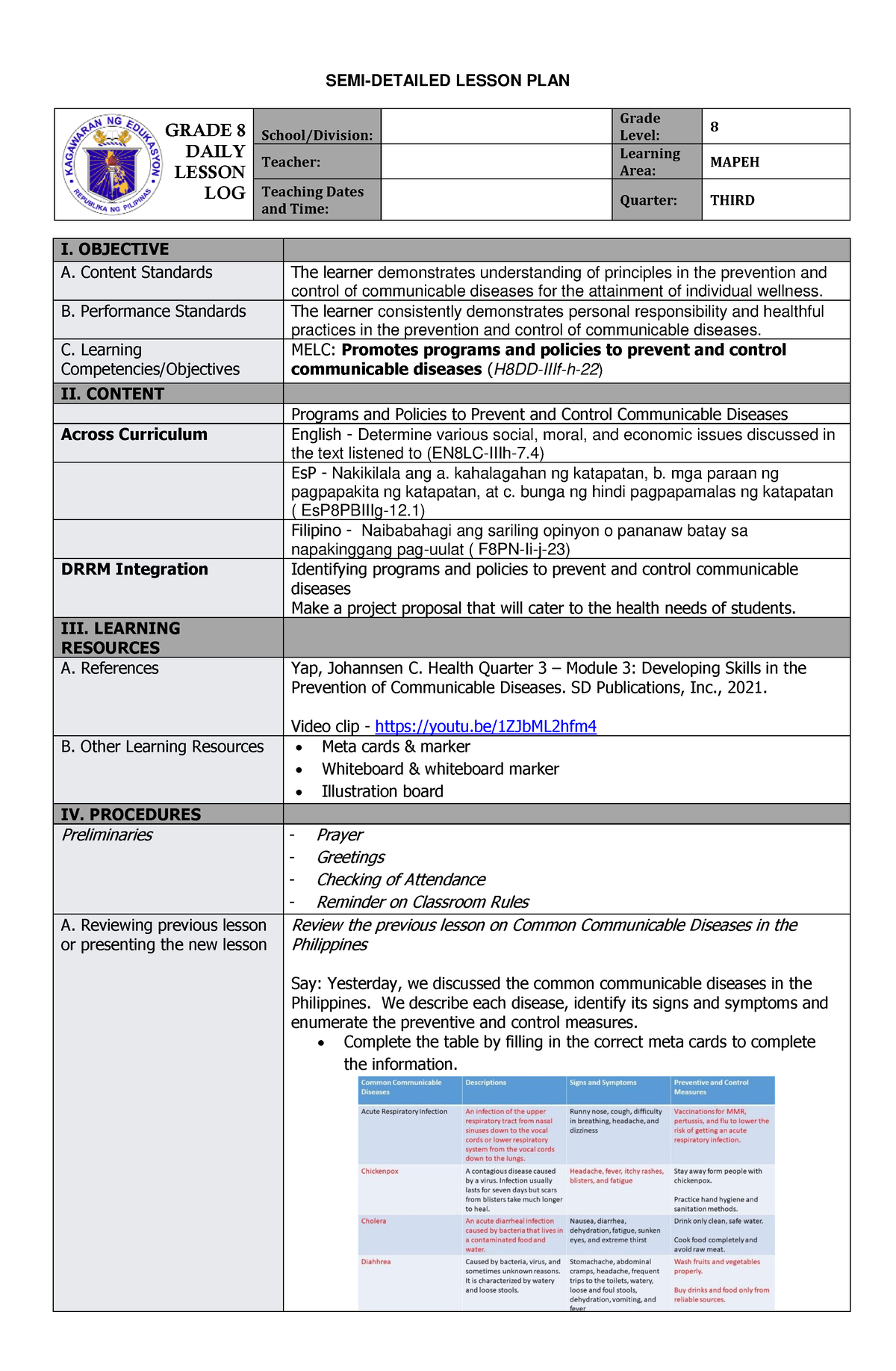 Demo Teaching Mapeh 8 Quarter 3 - SEMI-DETAILED LESSON PLAN GRADE 8 ...