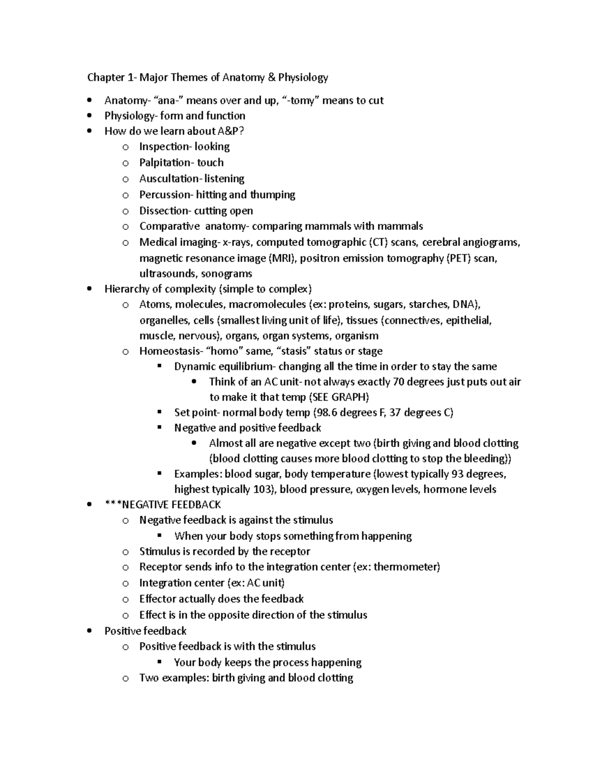 Exam 1 running notes - Chapter 1- Major Themes of Anatomy & Physiology ...