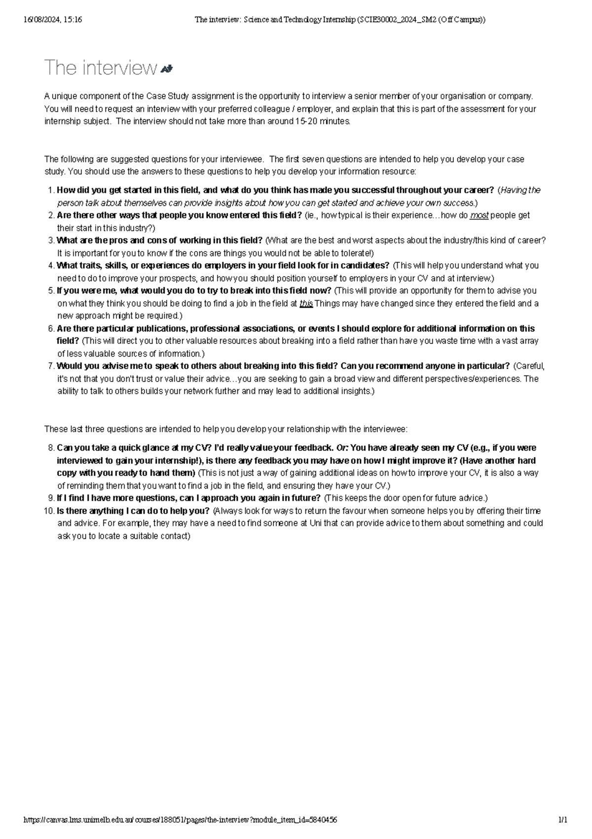 The interview SCIE30002 Case study - The interview A unique component ...