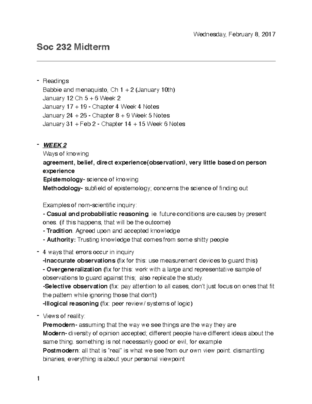Soc 232 Midterm - Lecture notes 1-6 - Soc 232 Midterm - Readings Babbie ...