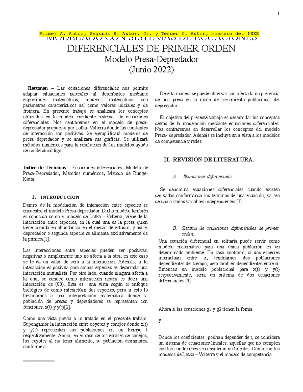 Presa depredador - TALLER -  Resumen – Las ecuaciones diferenciales nos  permite adaptar situaciones - Studocu