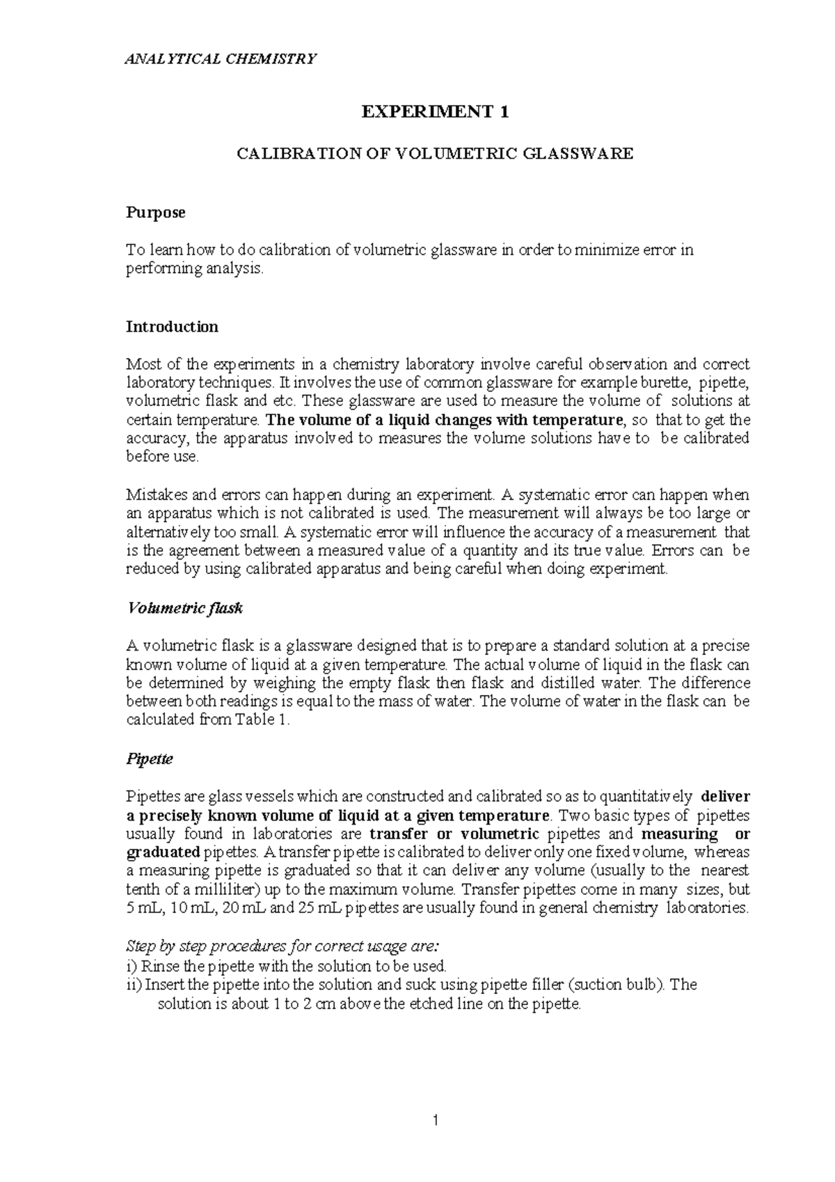 Experiment 1 Calibration - EXPERIMENT 1 CALIBRATION OF VOLUMETRIC ...