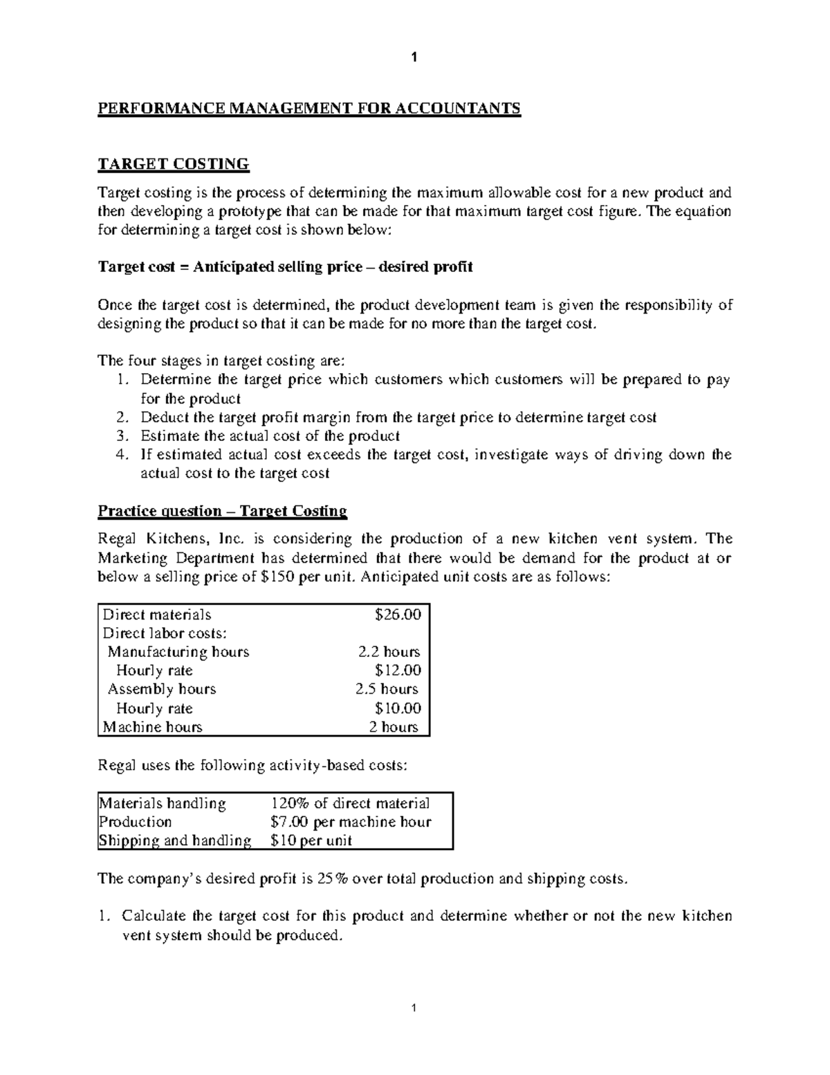 Performance Management - Specialist Costing - 1 PERFORMANCE MANAGEMENT ...